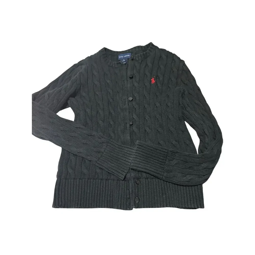 Ralph Lauren black M 8-10 cable knit cardigan euc sweater red horse